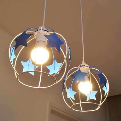 Hängande ljuskrona med textilsladd för barn STARS 2xE27/15W/230V blå/vit