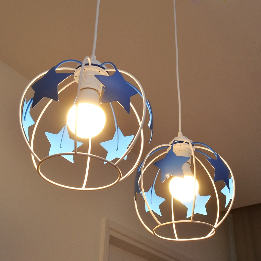 Hängande ljuskrona med textilsladd för barn STARS 2xE27/15W/230V blå/vit