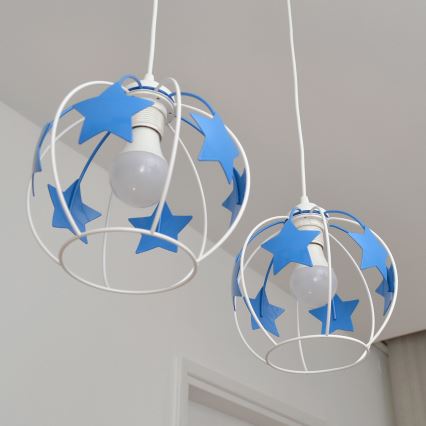 Hängande ljuskrona med textilsladd för barn STARS 2xE27/15W/230V blå/vit