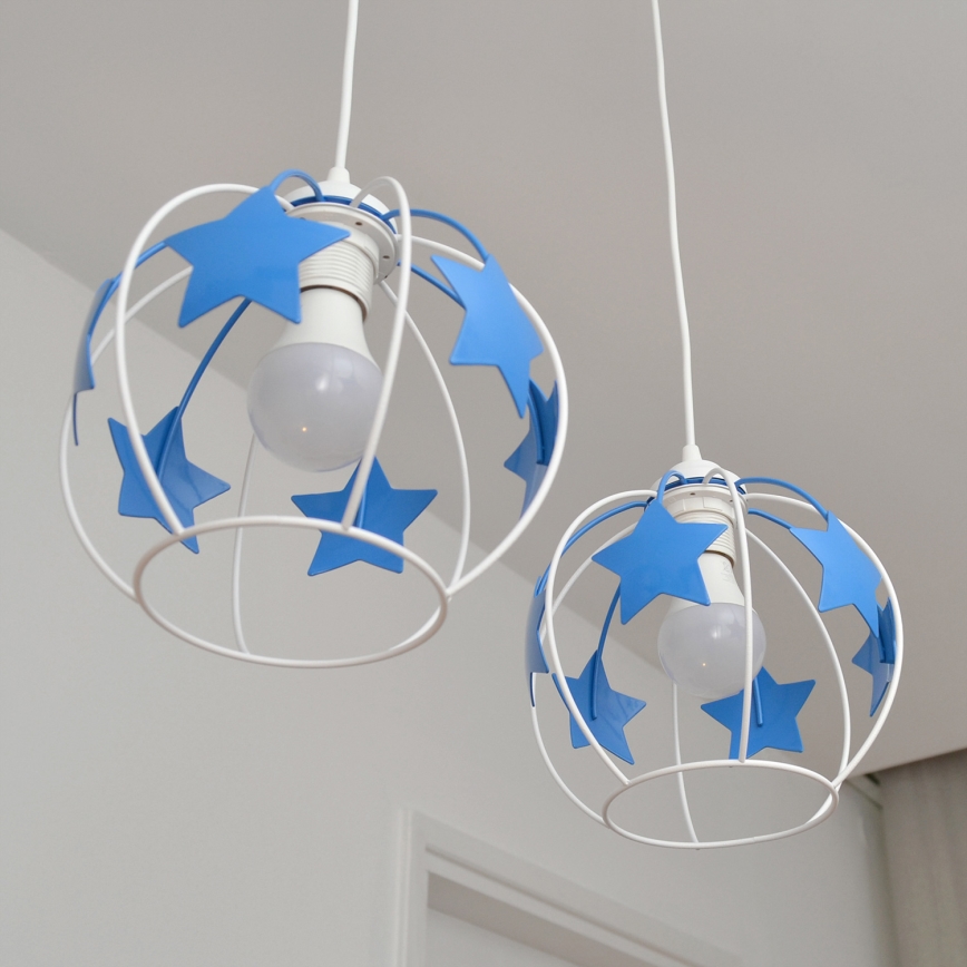 Hängande ljuskrona med textilsladd för barn STARS 2xE27/15W/230V blå/vit