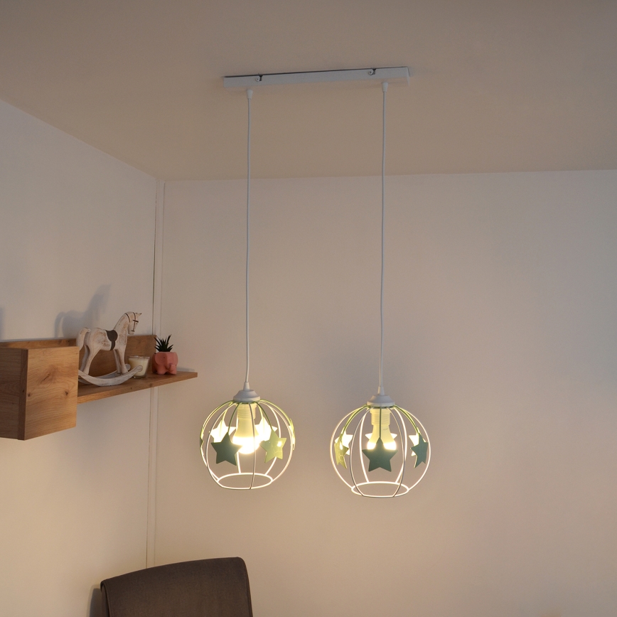 Hängande ljuskrona med textilsladd för barn STARS 2xE27/15W/230V grön/vit