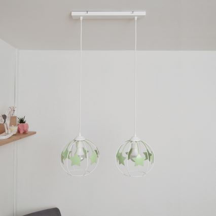 Hängande ljuskrona med textilsladd för barn STARS 2xE27/15W/230V grön/vit