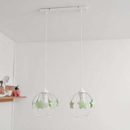 Hängande ljuskrona med textilsladd för barn STARS 2xE27/15W/230V grön/vit