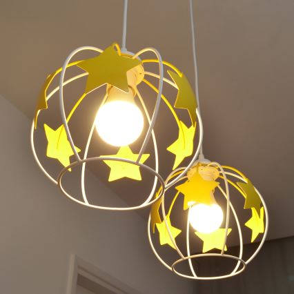 Hängande ljuskrona med textilsladd för barn STARS 2xE27/15W/230V gul/vit