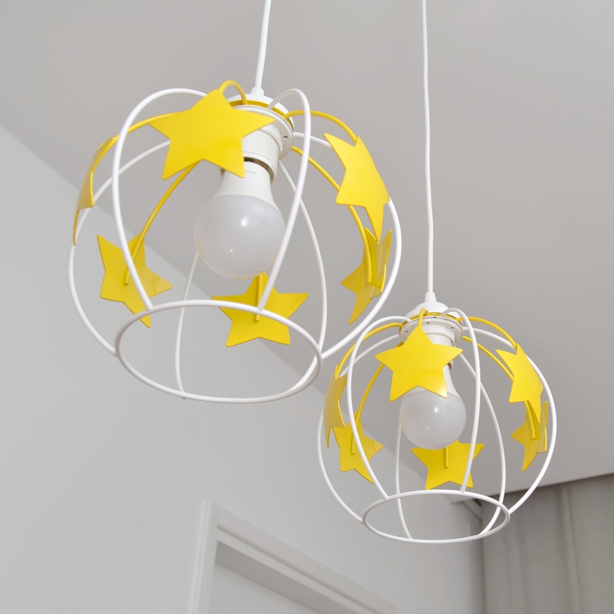 Hängande ljuskrona med textilsladd för barn STARS 2xE27/15W/230V gul/vit