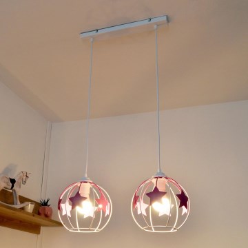 Hängande ljuskrona med textilsladd för barn STARS 2xE27/15W/230V rosa/vit