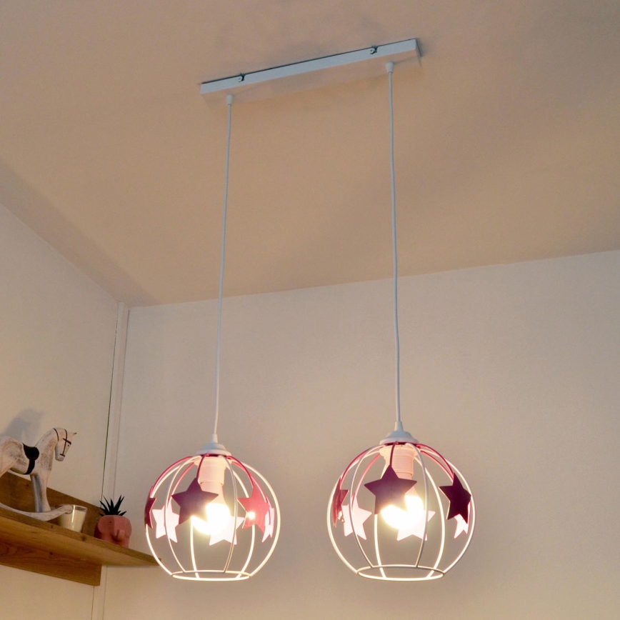 Hängande ljuskrona med textilsladd för barn STARS 2xE27/15W/230V rosa/vit