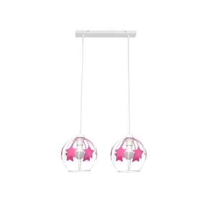 Hängande ljuskrona med textilsladd för barn STARS 2xE27/15W/230V rosa/vit