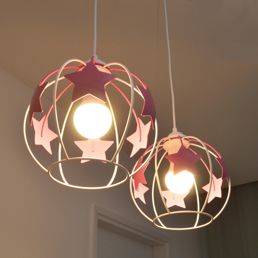 Hängande ljuskrona med textilsladd för barn STARS 2xE27/15W/230V rosa/vit
