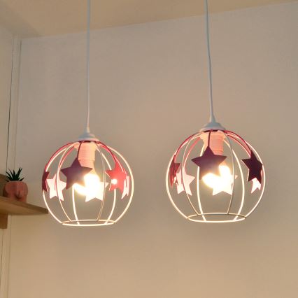 Hängande ljuskrona med textilsladd för barn STARS 2xE27/15W/230V rosa/vit