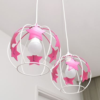 Hängande ljuskrona med textilsladd för barn STARS 2xE27/15W/230V rosa/vit