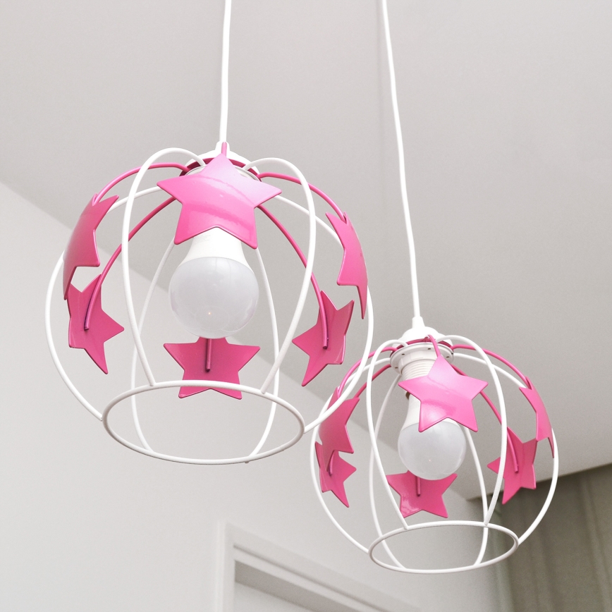 Hängande ljuskrona med textilsladd för barn STARS 2xE27/15W/230V rosa/vit
