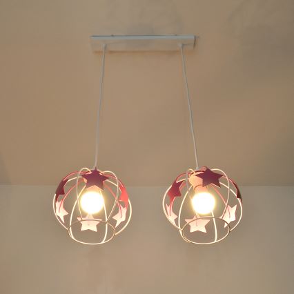Hängande ljuskrona med textilsladd för barn STARS 2xE27/15W/230V rosa/vit