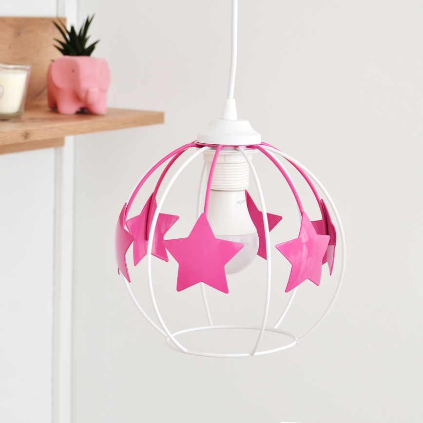 Hängande ljuskrona med textilsladd för barn STARS 2xE27/15W/230V rosa/vit