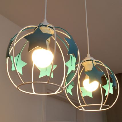 Hängande ljuskrona med textilsladd för barn STARS 2xE27/15W/230V turkos/vit