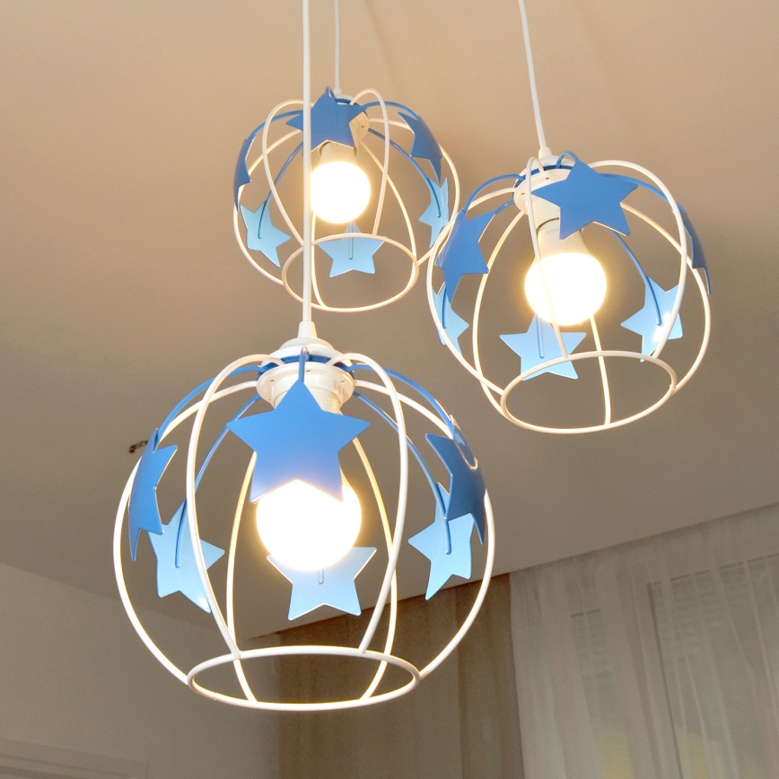 Hängande ljuskrona med textilsladd för barn STARS 3xE27/15W/230V blå/vit