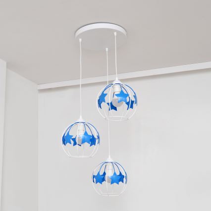 Hängande ljuskrona med textilsladd för barn STARS 3xE27/15W/230V blå/vit