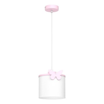 Hängande ljuskrona med textilsladd för barn SWEET 1xE27/15W/230V vit/rosa/fjäril