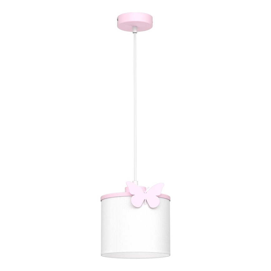 Hängande ljuskrona med textilsladd för barn SWEET 1xE27/15W/230V vit/rosa/fjäril