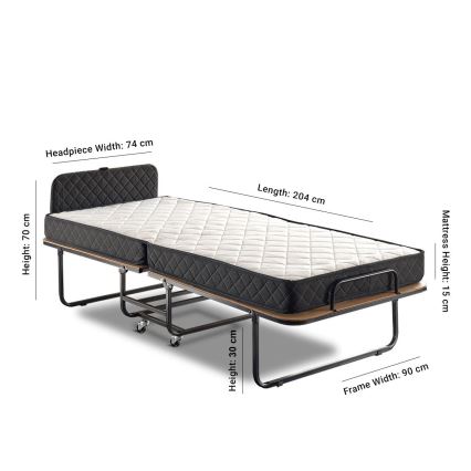 Hopfällbar enkelsäng i metall HERON 90x204 cm, vit, maxbelastning 120 kg