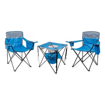 Hopfällbart campingbord + 2x stol blå