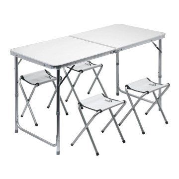 Hopfällbart campingbord + 4x stol vit/matt krom