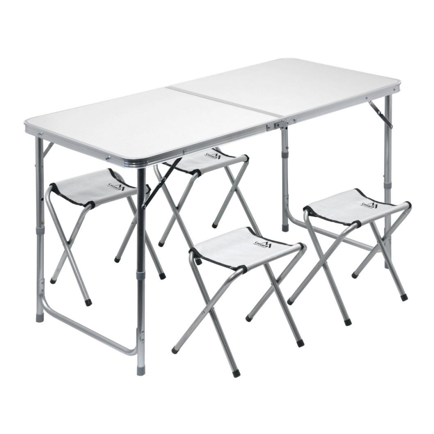 Hopfällbart campingbord + 4x stol vit/matt krom