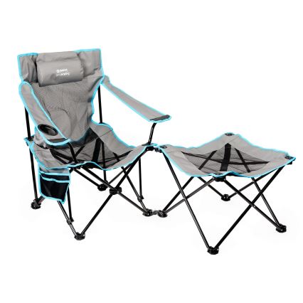 Hopfällbart campingbord + stol grå/blå