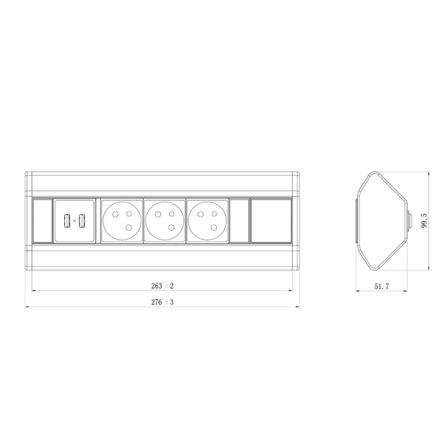 Hörnuttag skena 3x 230V + USB-A 3,1A + USB-C 15,5W 230V