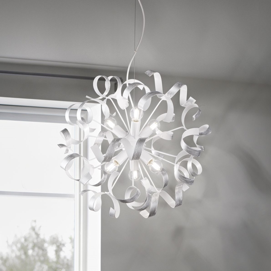 Ideal Lux - Ljuskrona med textilsladd VORTEX 6xE14/40W/230V diameter 53 cm silver/patina