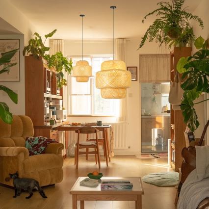 Ljuskrona med textilsladd HILO 1xE27/40W/230V diameter 38 cm bambu