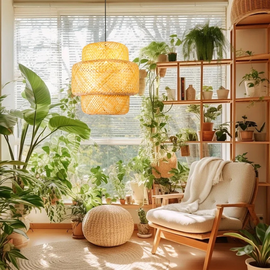 Ljuskrona med textilsladd HILO 1xE27/40W/230V diameter 47 cm bambu