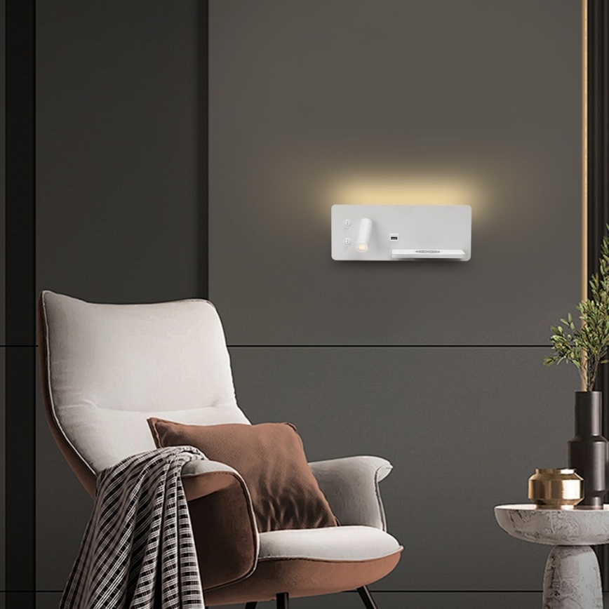 Immax 08285L - LED Väggspotlight med hylla, USB-port och trådlös laddning Be PREPARE LED/3W/230V + LED/3W vit