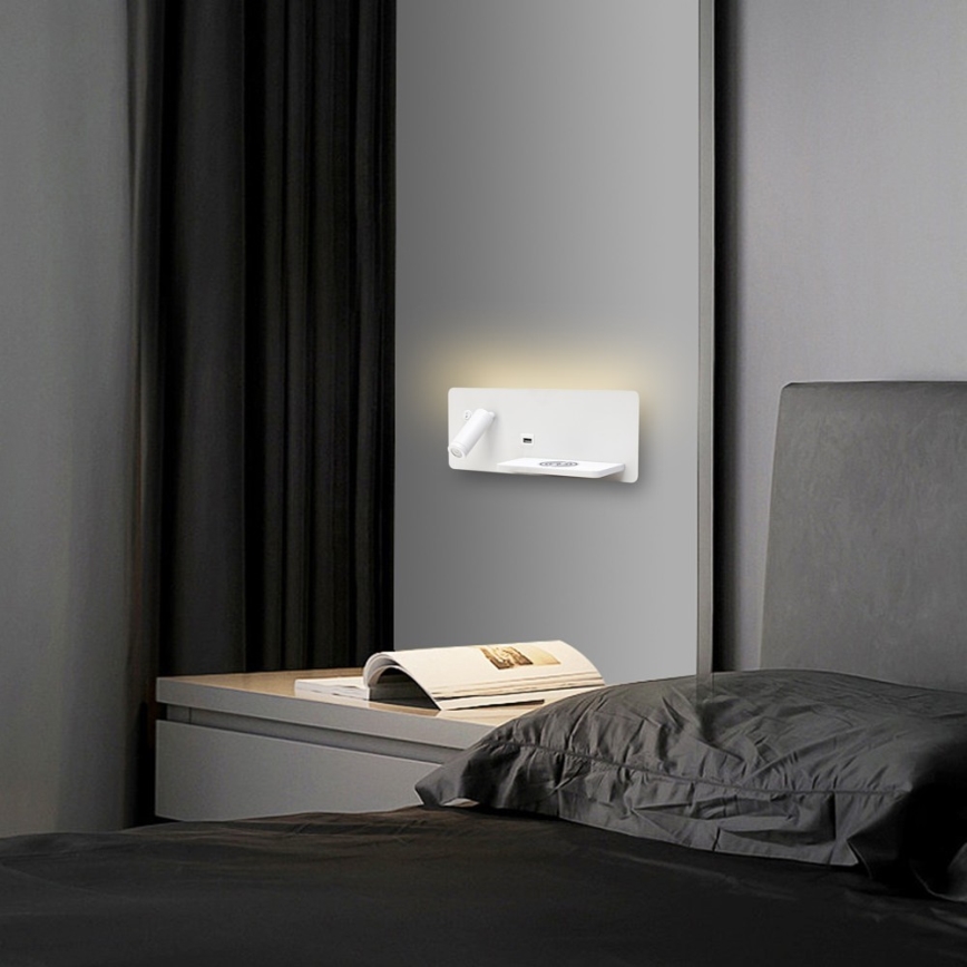 Immax 08285L - LED Väggspotlight med hylla, USB-port och trådlös laddning Be PREPARE LED/3W/230V + LED/3W vit