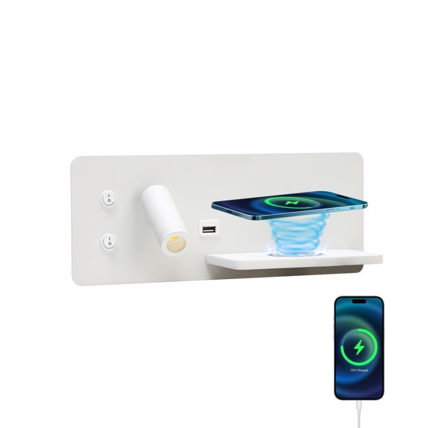 Immax 08285L - LED Väggspotlight med hylla, USB-port och trådlös laddning Be PREPARE LED/3W/230V + LED/3W vit