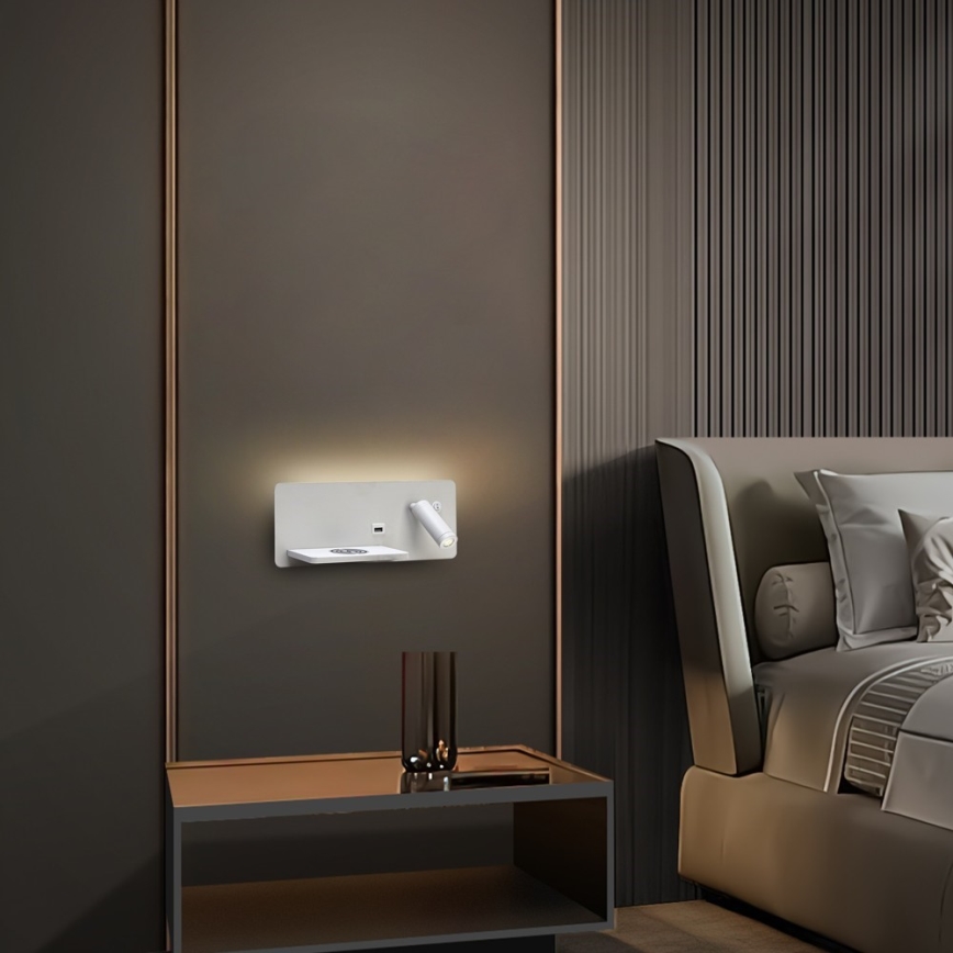 Immax 08286L - LED Väggspotlight med hylla, USB-port och trådlös laddning Be PREPARE LED/3W/230V + LED/3W vit