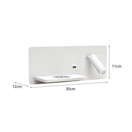 Immax 08286L - LED Väggspotlight med hylla, USB-port och trådlös laddning Be PREPARE LED/3W/230V + LED/3W vit
