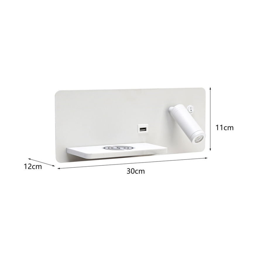 Immax 08286L - LED Väggspotlight med hylla, USB-port och trådlös laddning Be PREPARE LED/3W/230V + LED/3W vit