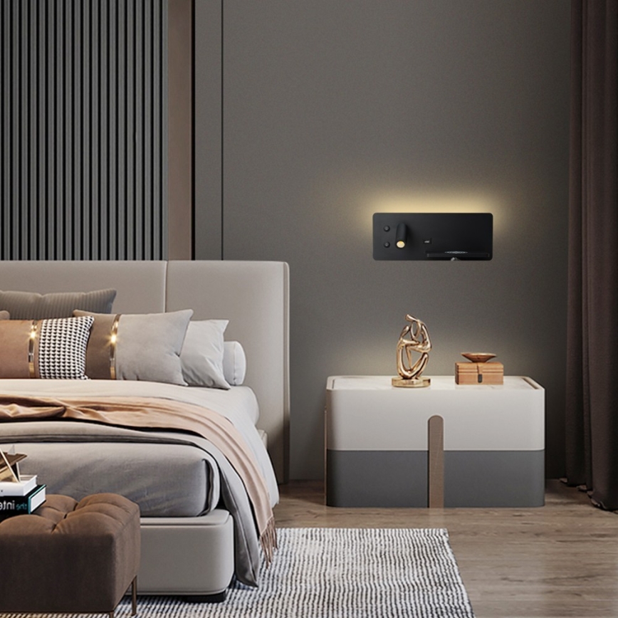 Immax 08287L - LED Väggspotlight med hylla, USB-port och trådlös laddning Be PREPARE LED/3W/230V + LED/3W svart