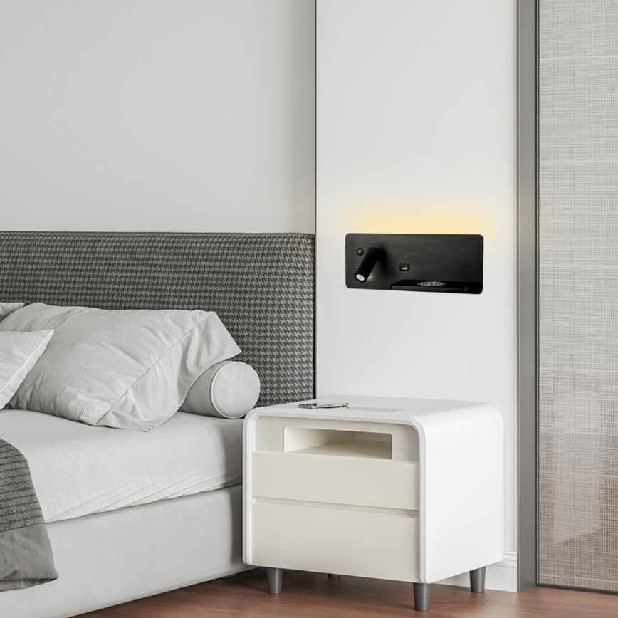 Immax 08287L - LED Väggspotlight med hylla, USB-port och trådlös laddning Be PREPARE LED/3W/230V + LED/3W svart