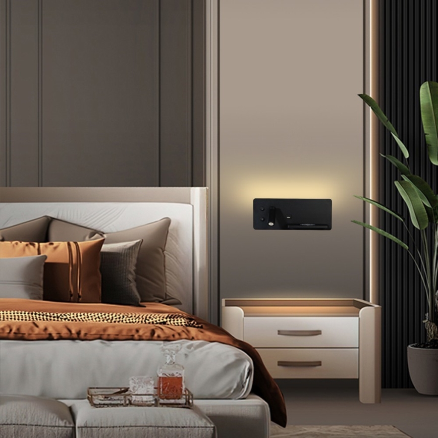 Immax 08287L - LED Väggspotlight med hylla, USB-port och trådlös laddning Be PREPARE LED/3W/230V + LED/3W svart