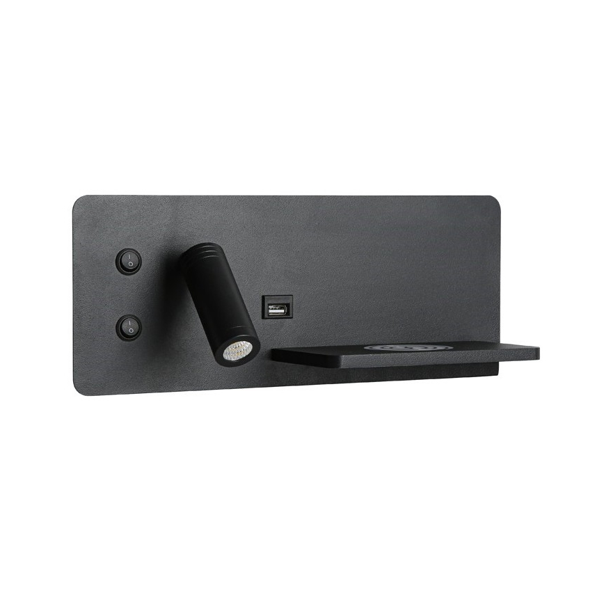 Immax 08287L - LED Väggspotlight med hylla, USB-port och trådlös laddning Be PREPARE LED/3W/230V + LED/3W svart