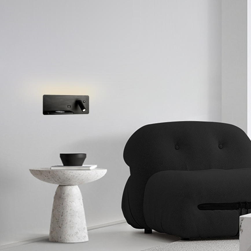 Immax 08288L - LED Väggspotlight med hylla, USB-port och trådlös laddning Be PREPARE LED/3W/230V + LED/3W svart