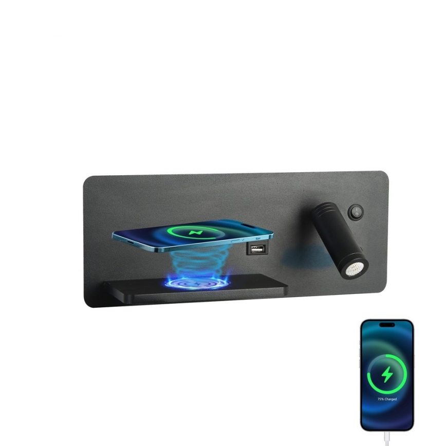 Immax 08288L - LED Väggspotlight med hylla, USB-port och trådlös laddning Be PREPARE LED/3W/230V + LED/3W svart