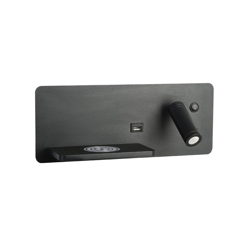 Immax 08288L - LED Väggspotlight med hylla, USB-port och trådlös laddning Be PREPARE LED/3W/230V + LED/3W svart