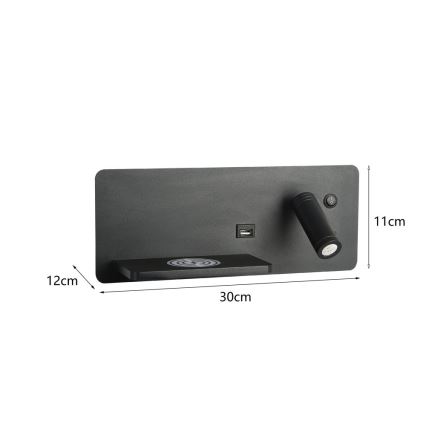 Immax 08288L - LED Väggspotlight med hylla, USB-port och trådlös laddning Be PREPARE LED/3W/230V + LED/3W svart