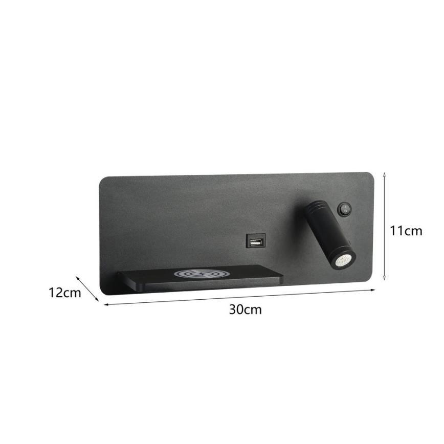 Immax 08288L - LED Väggspotlight med hylla, USB-port och trådlös laddning Be PREPARE LED/3W/230V + LED/3W svart
