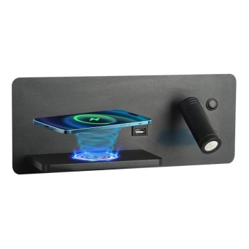 Immax 08288L - LED Väggspotlight med hylla, USB-port och trådlös laddning Be PREPARE LED/3W/230V + LED/3W svart