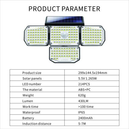 LED solcell väggbelysning med sensor LED/5W/5,5V IP65 2400 mAh