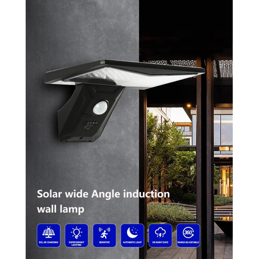 LED solcell väggbelysning med sensor LED/2,6W/5,5V IP65 1800 mAh svart